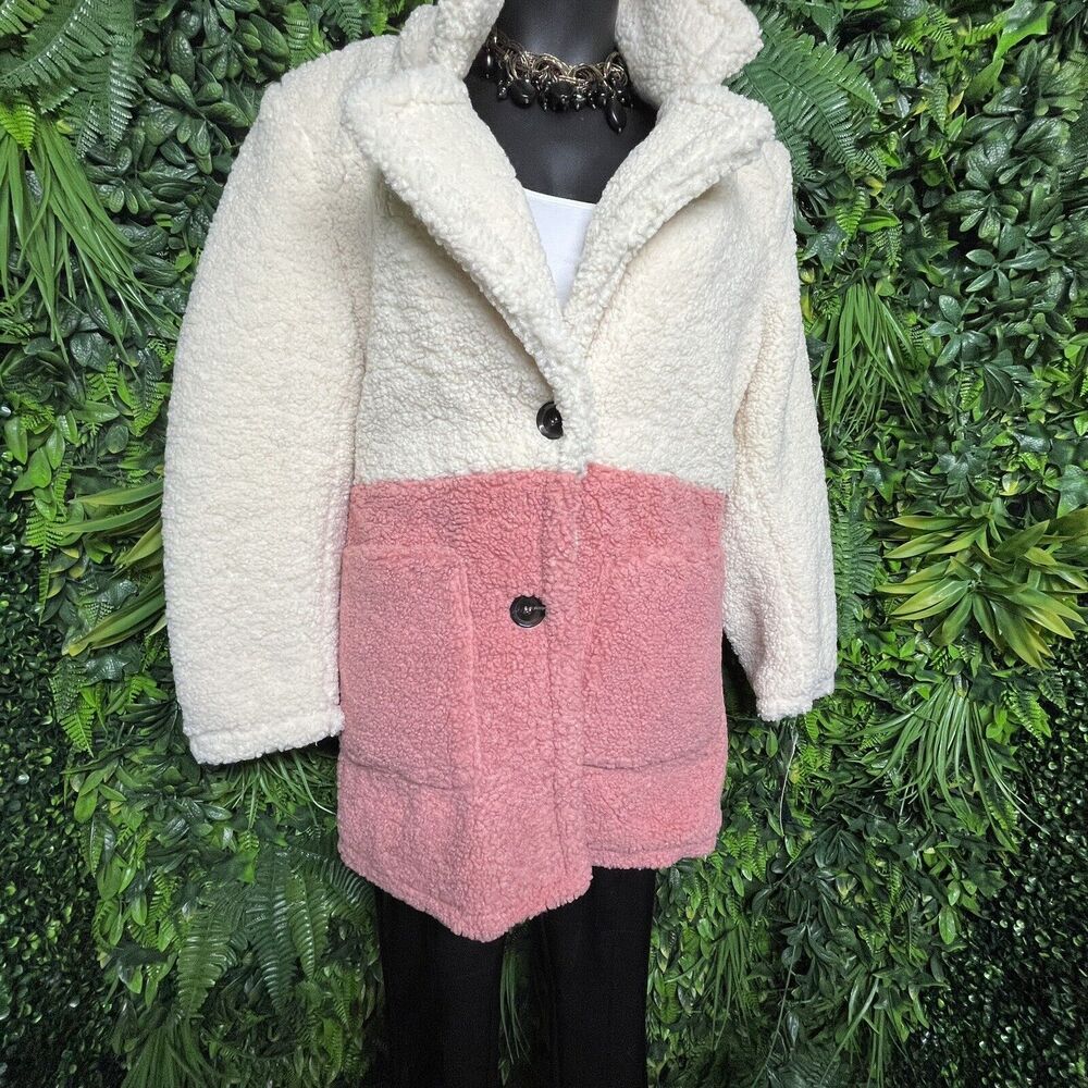 FRENCH CONNECTION Women Jacket XL Blazer Cream Pink Teddy Fleece Faux Fur NWT‎